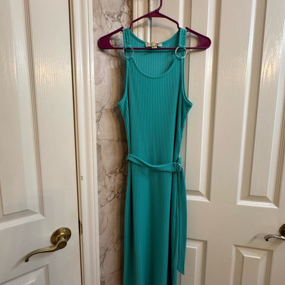 Michael Kors Teal Ribbed Maxi Dress with Tie Waist
